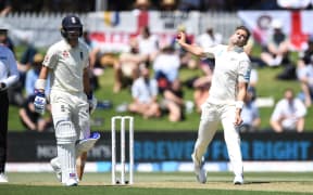 Tim Southee bowling to England during the first Test at Bay Oval in Mt Maunganui, 2019.