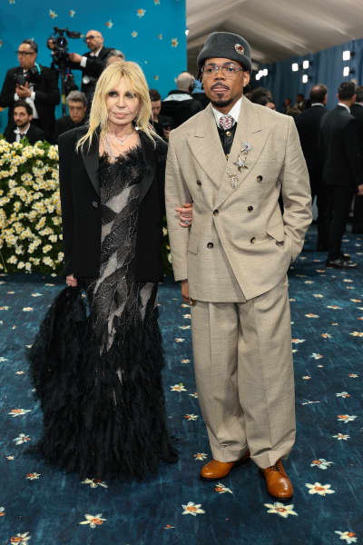 Donatella Versace and Chance the Rapper attend the 2025 Met Gala Celebrating "Superfine: Tailoring Black Style" at Metropolitan Museum of Art on May 05, 2025 in New York City.