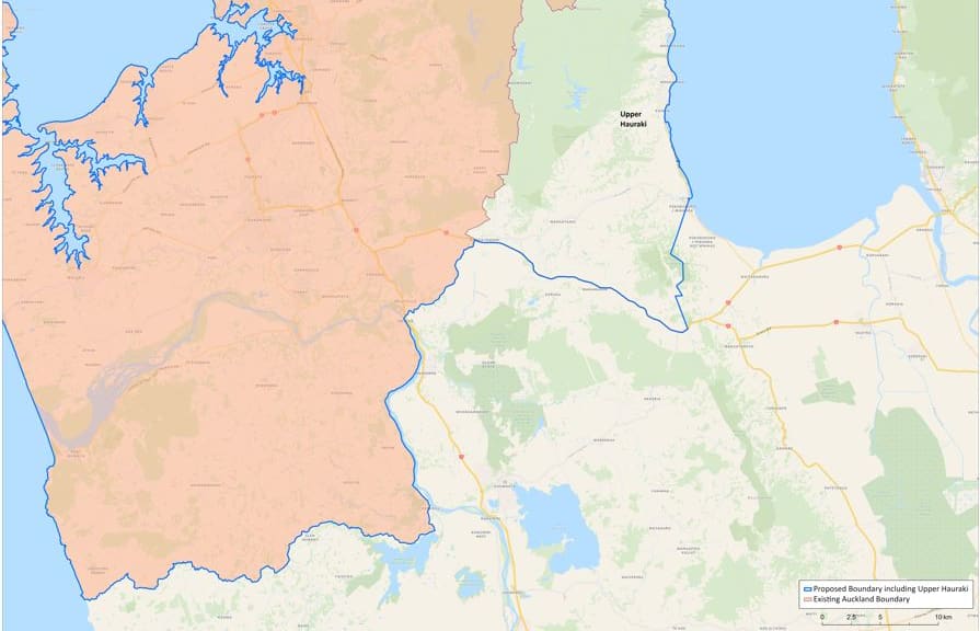 A map of the northern Hauraki area covered by the "bespoke" lockdown, to the left of the main Auckland boundary and outlined in blue.