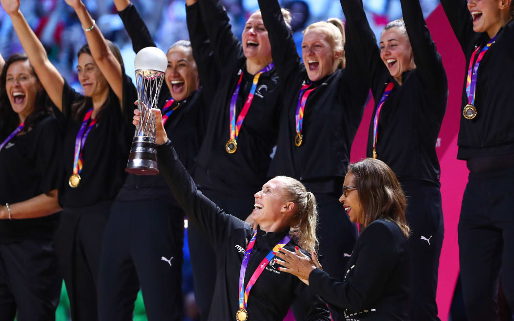 The Vitality Netball World Cup 2019 winners, Silver Ferns' Laura Langman with the trophy during the medal ceremony.