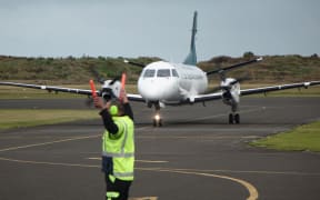 An Air Chathams Saab arrives in Whanganui this morning.