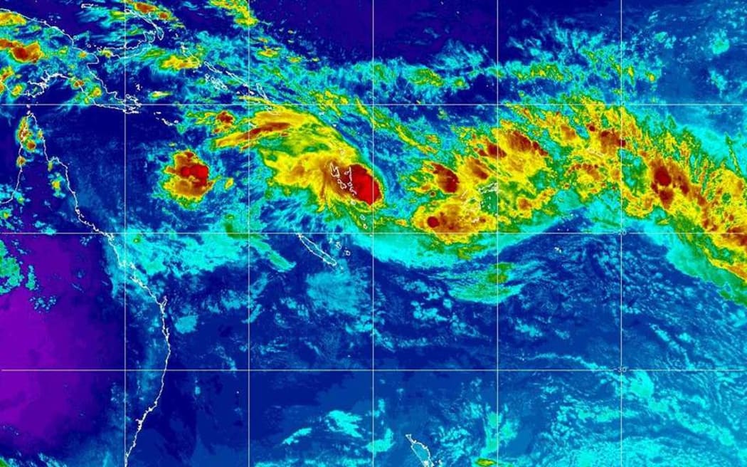 A satellite image shows the cyclone, which will be named Kala when it forms, brewing in the ocean to Fiji's west.