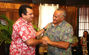 Vice president Teva Rohfritsch and Tukoroirangi Morgan of Kaitiaki Tagaloa at the signing ceremony.