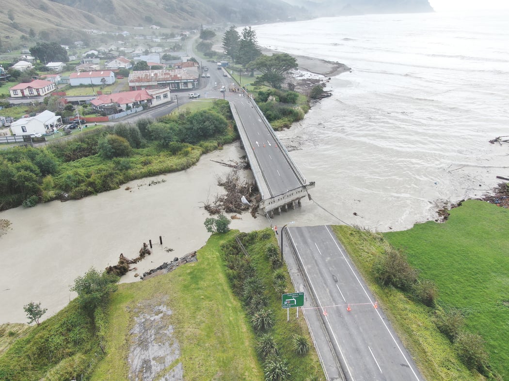 The Tokomaru Bay bridge split in two with the flooding but has since been repaired.
