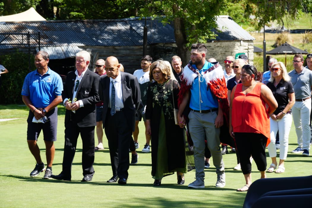 NZ Golf chair Michael Smith (second from left) with New Zealand Māori Golf Association's patron Waihoroi Shortland (third from left) and champion Owen Lloyd at the pōwhiri during the tournament opening on 26 February.