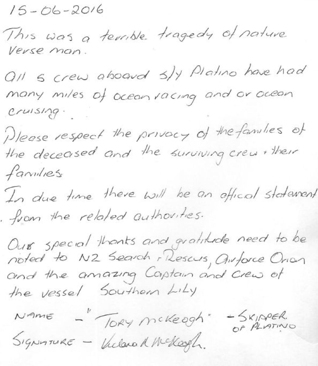 A copy of the handwritten statement penned by Platino survivor Tory McKeogh.