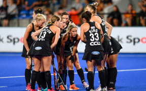 Gemma McCaw of the Black Sticks in a huddle during the FIH Pro League of Hockey.