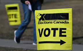 EDMONTON, CANADA – APRIL 20:
An Elections Canada signs are visible in front of one of the polling stations in the Edmonton Gateway riding district, in Edmonton, Alberta, Canada on April 20, 2025.
Advance voting for the 45th Canadian General Election takes place from April 18–21 across the country, including through the Easter long weekend. (Photo by Artur Widak/NurPhoto) (Photo by Artur Widak / NurPhoto / NurPhoto via AFP)