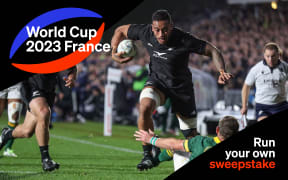 An All Black winger scores a try, in one corner of the image are the words "World Cup 2023 France" and in the opposite corner "Print your own sweepstake"