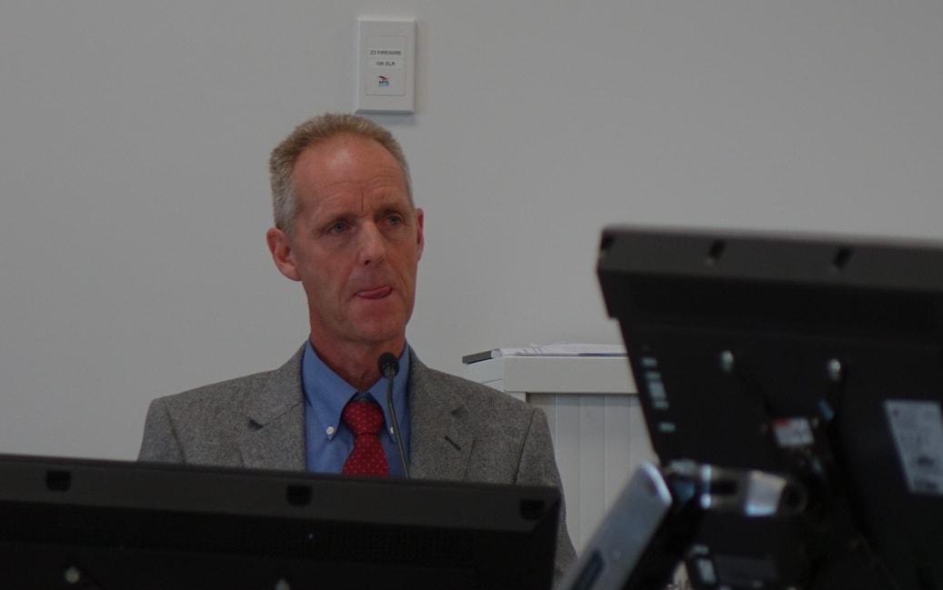 Tree historian Brad Cadwallader addresses a hearing panel in Christchurch on 9 February 2016.