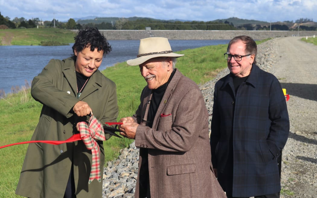 Matawii Dam, built near Kaikohe with a PGF loan, is opened in 2023 by then-Regional Development Minister Kiri Allan and Te Tai Tokerau Water trustees Dover Samuels and Murray McCully.