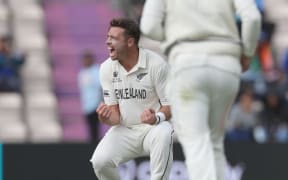 Tim Southee celebrates the lbw of Shubman Gill.