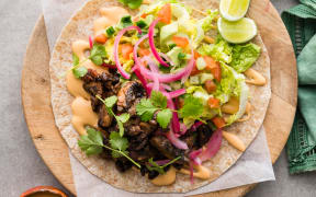 Pulled Mushroom Tacos with Pink Pickled Onions and Smoky Mayo