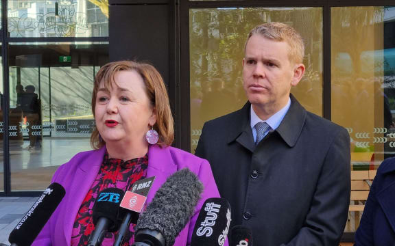 Housing Minister Megan Woods with Prime Minister Chris Hipkins at the opening of the Te Mātāwai housing development in Auckland central on 3 August, 2023.
