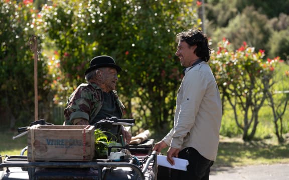 Tuhoe activist Tame Iti and director Tearepa Kahi on set of feature film Muru.
