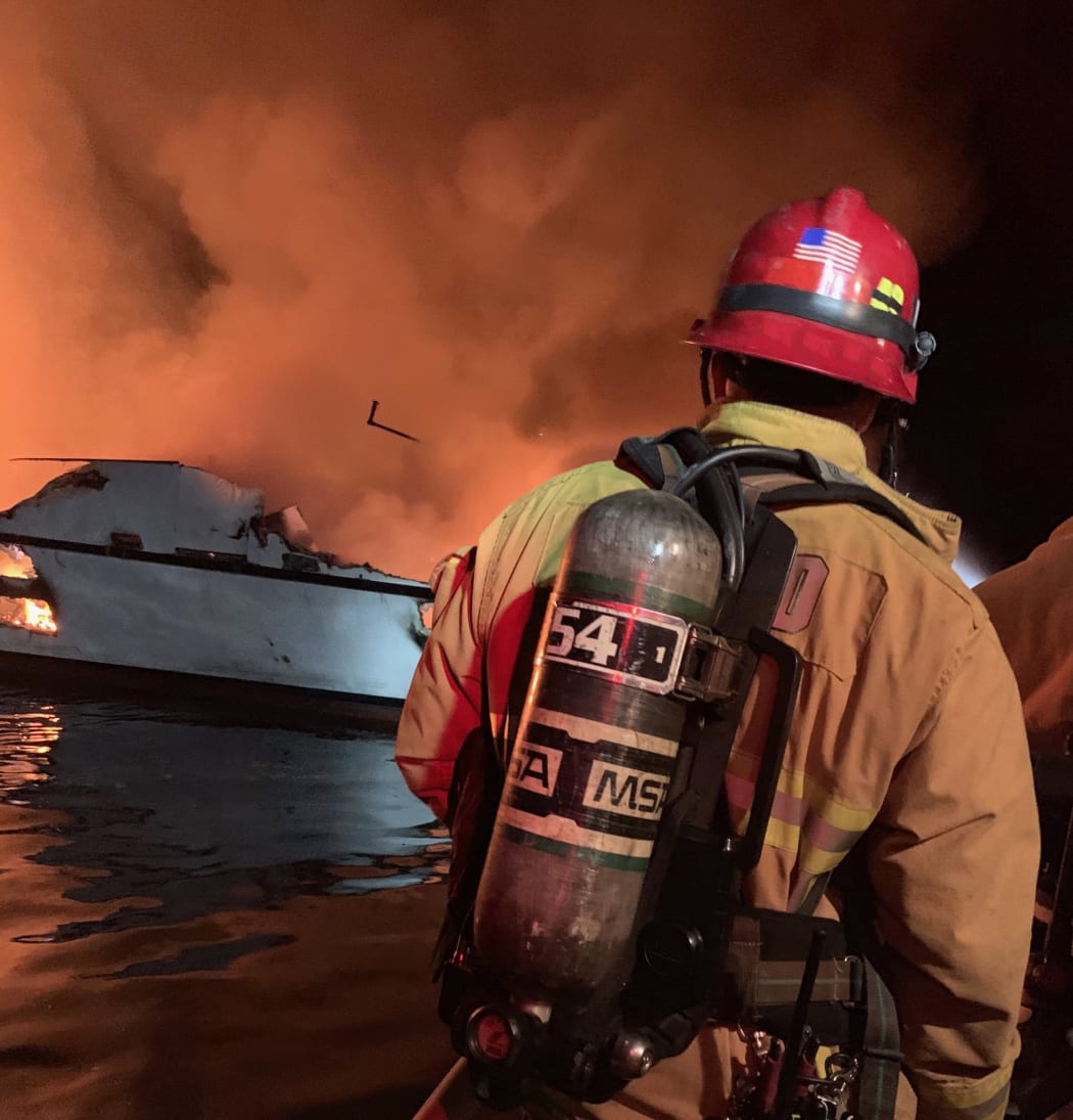 A fire on a boat off the coast of Santa Cruz Island, California.Photo released by the Ventura County Fire Department on September 2, 2019.