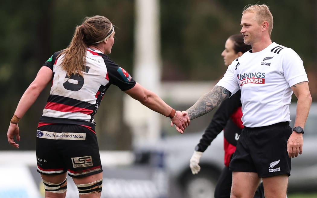 Rebecca Burch of Counties Manukau and Referee Warwick Lahmert after the Bay of Plenty v Counties Manukau Farah Palmer Cup match, Whakatane Rugby Park, Whakatane, New Zealand, Saturday, 24 August 2024. (Photo by Aaron Gillions / action press). Photo credit New Zealand Rugby.