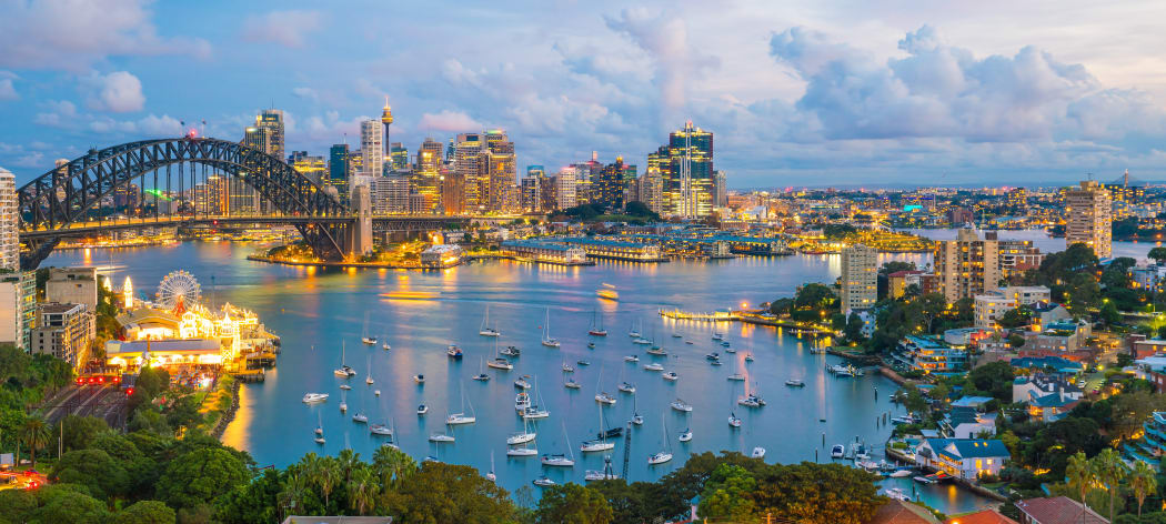 Downtown Sydney skyline in Australia at twilight
