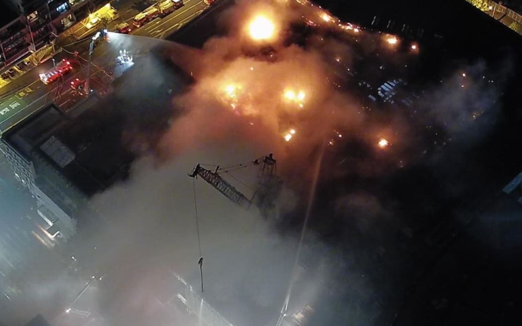 Niwa captures SkyCity Convention Centre blaze still alight into the night on 22 October.