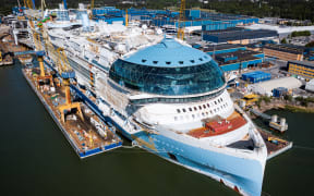 An aerial view taken on May 30, 2023 shows the construction site of the Royal Caribbean's new ship 'Icon of the Seas' at the Turku shipyard in Finland's southwest coast.