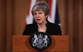 UK Prime Minister Theresa May makes a statement inside 10 Downing Street on April 2, 2019, on her intention to seek a further delay to Brexit.