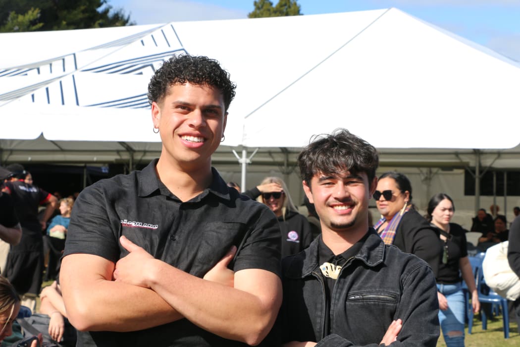 Rhoen Hemara and Rawiri Howard, ākonga of Te Wānanga o Takiura at Koroneihana celebrations 2025.
