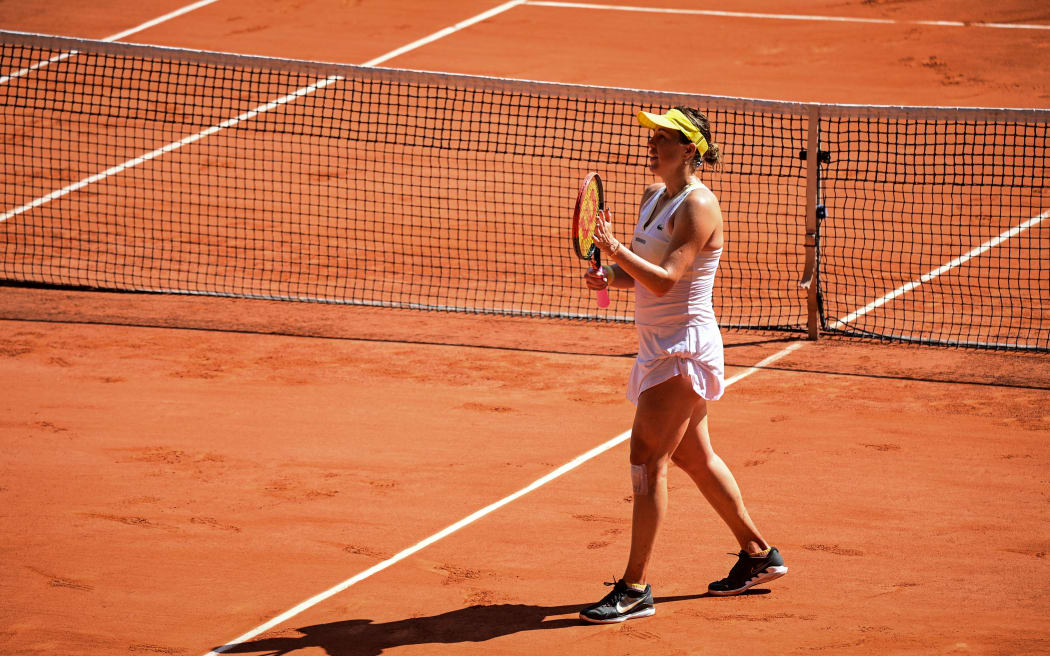Russia's Anastasia Pavlyuchenkova celebrates after winning against Slovenia's Tamara Zidansek at the end of their women's singles semi-final tennis match on Day 12 of the 2021 French Open tennis tournament in Paris on June 10, 2021.