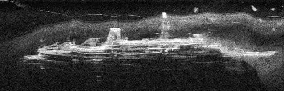 A sonar image of the Mikhail Lermontov on the bottom of Port Gore.