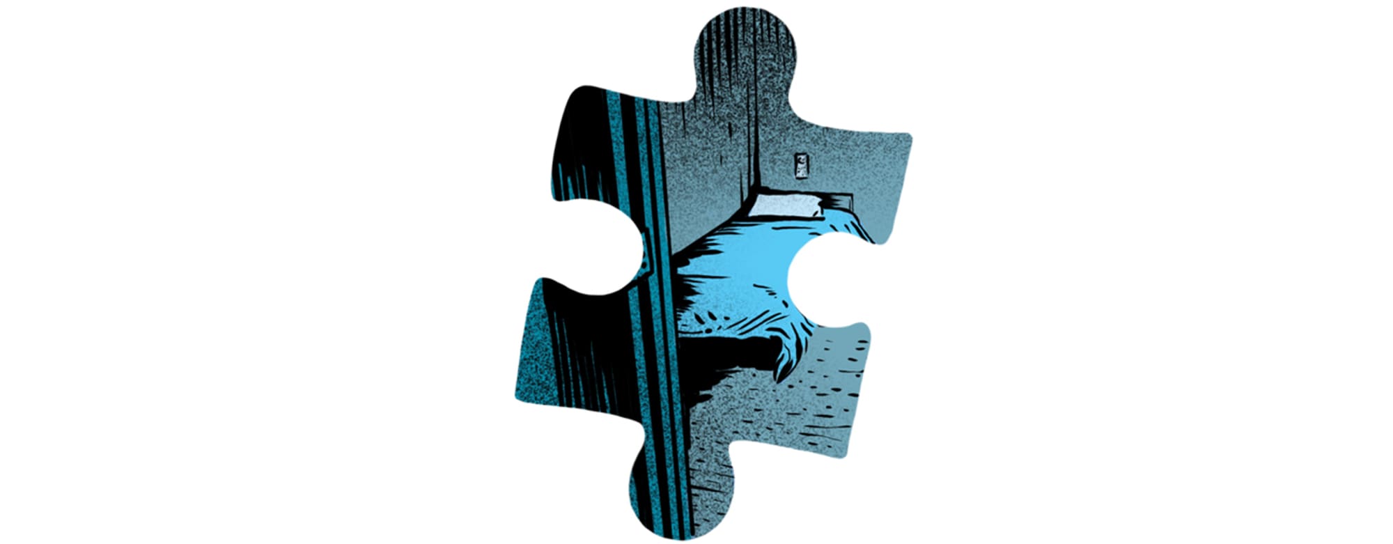 Dark graphic novel style illustration of a youth justice residence bed framed in a puzzle piece.
