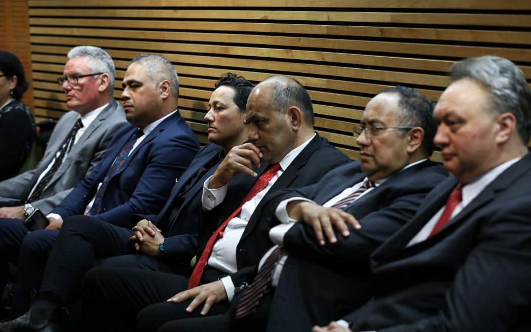 A group of Labour Maori MPs listen to the Prime Minister announcing her post-election cabinet line-up, (from left) Kelvin Davis, Peeni Henare, Kiri Allan, Willie Jackson, Adrian Rurawhe and Rino Tirikatene.