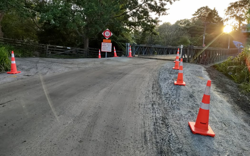 A bailey bridge has been installed between Mill Flat Road and Coatesville-Riverhead Highway in Auckland's Riverhead after severe flooding on 27 January washed away the existing bridge.