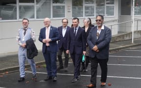 From left, Whangārei Mayor Vince Cocurullo, Mental Health Minister Matt Doocey, Health Minister Simeon Brown and Māori Health Directorate Te Tai Tokerau general manager Malcolm Robson are welcomed to Manaia House.