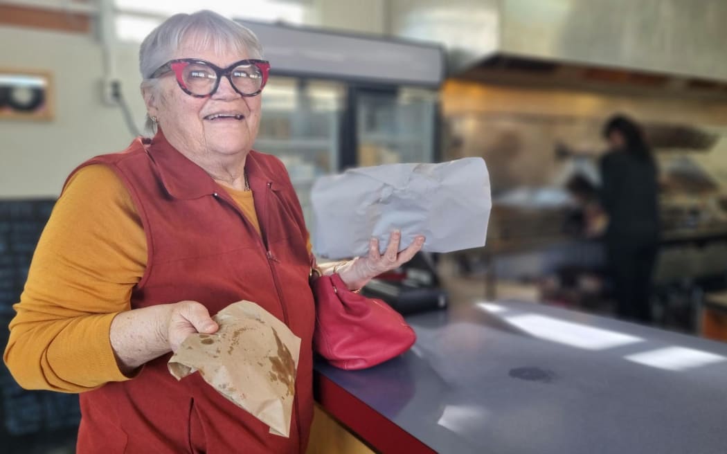 Edith Cheetham is a fan of the Pātea Hangi shop's boil-up, but was giving its pulled pork pie a try.