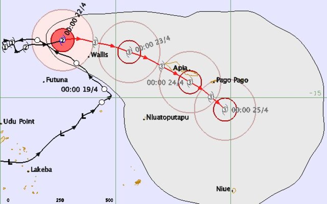 The current forecast for Cyclone Amos, passing close to Samoa's southern coast as a category three.
