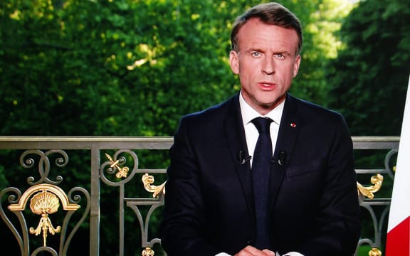 This screen shot shows France's President Emmanuel Macron speaking during a televised address to the nation during which he announced he is dissolving the National Assembly, French Parliament lower house, and calls new general elections on 30 June 2024.