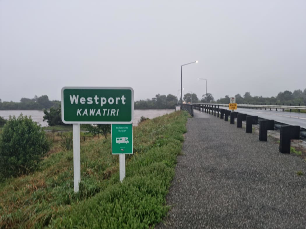 A flooded Buller River in Westport, February 2022.