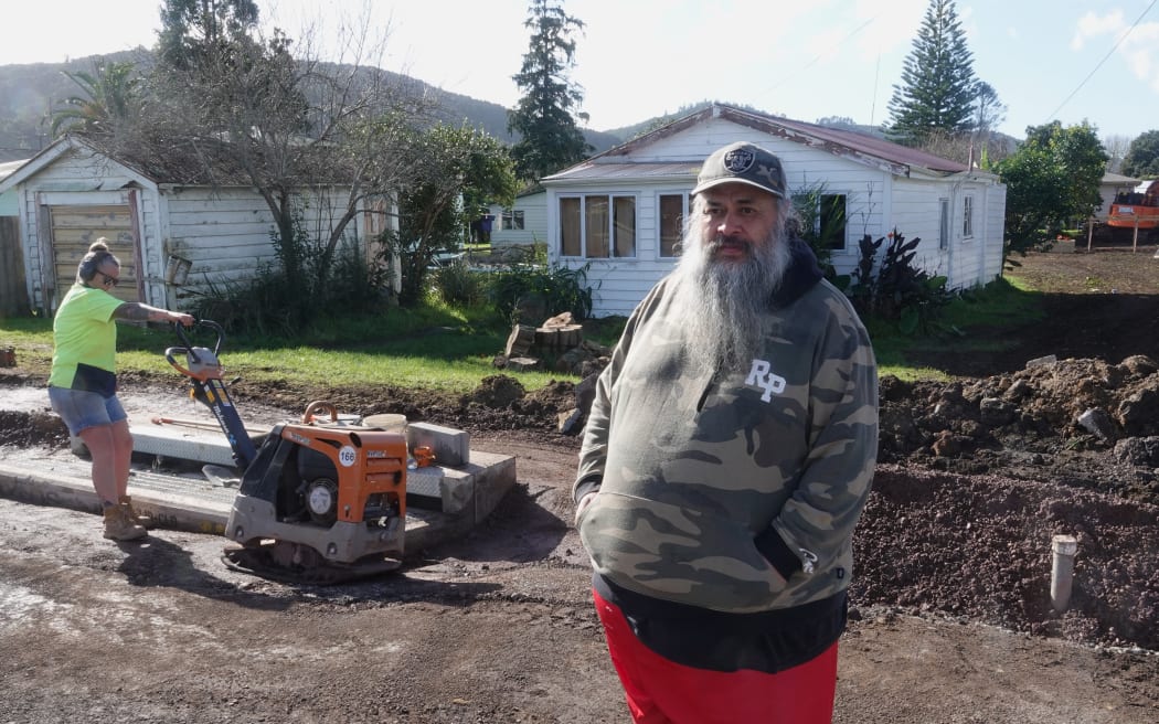 Skip Kidwell outside his home – the lowest house in the lowest street in Moerewa – where a major drainage upgrade should finally put a stop to flooding.