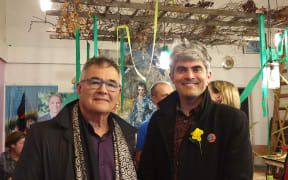 Former Dunedin Mayor Dave Cull with new Dunedin Mayor Aaron Hawkins at a celebration at the Dunedin cafe, Morning Magpie.