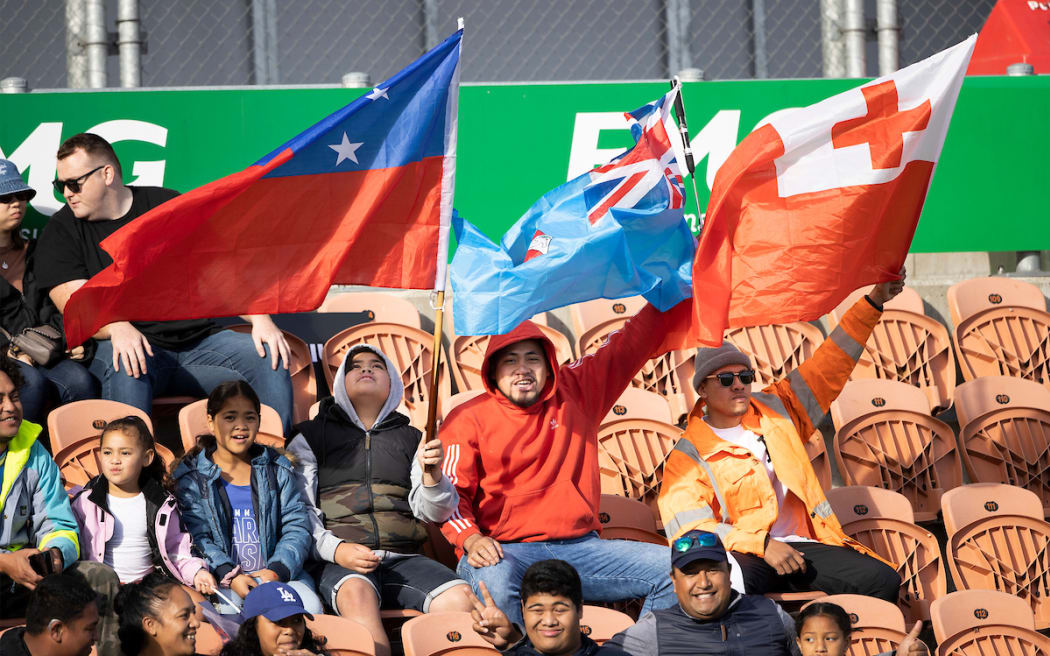 Fans before the rugby match between Maori All Blacks v Moana Pasifika.