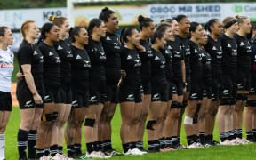 Black Ferns XV during the national anthems before the match between Black Ferns XV and Manusina XV at Navigation Homes Stadium, Pukekohe, New Zealand, Saturday, 23 September 2023.