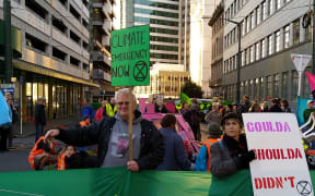 Extinction Rebellion protesters have blocked off Stout St in central Wellington, in a bid to cause disruptions outside MBIE's office.