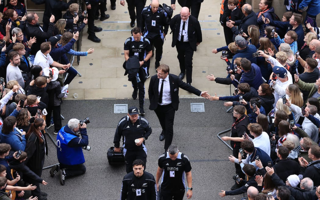 New Zealand Head Coach Scott Robertson and his players arrive ahead of the New Zealand All Blacks v England rugby union test match at Twickenham.