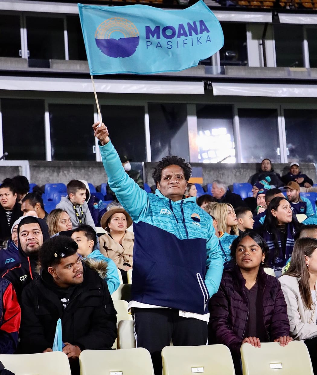 Timoci Tavatavanawai's mother Melania Raqina at Go Media Stadium, Auckland in May, 2022 watching her son play professional rugby for the first time. Photo/Moana Pasifika/Facebook