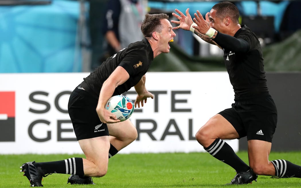 2019 Rugby World Cup Bronze Final, Tokyo Stadium, Tokyo, Japan 1/11/2019
New Zealand vs Wales
New Zealand's Ben Smith celebrates scoring their fourth try with Aaron Smith