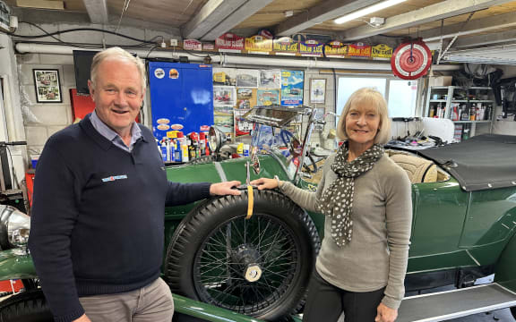 David and Christine Mehrtens stand in front of their 1924 Delage. David is the son of the late Maurice Geoffrey Mehrtens, who founded the Aoraki/Mt Cook car rally 70 years ago.