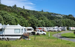 Dozens of caravans with tent extensions are parked at the Muriwai beach campground, where displaced families have found refuge.