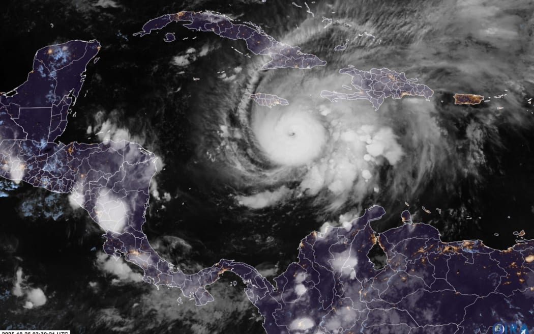 This RAMMB/CIRA satellite image shows Hurricane Melissa southeast of Jamaica at 03:30 UTC on 26 October, 2025.