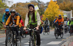 A group of cyclists did a circuit of Nelson's CBD in defiance of the perils they can face on local roads. Photo: Max Frethey/Nelson Weekly. [via LDR single use only]