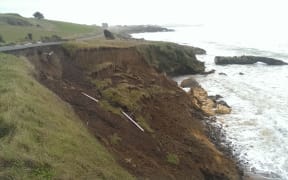 The collapsed section of Beach Road near Kakanui, North Otago.