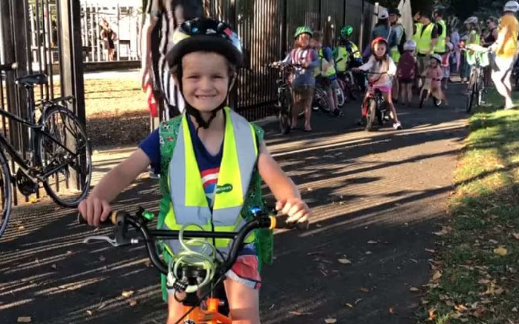 Children taking part in the 'bike train'